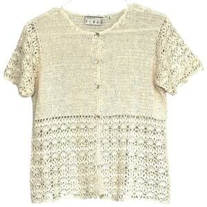 Ann Tijan for Kenar VTG Linen Cardigan Women's Medium Crochet Ivory Short Sleeve